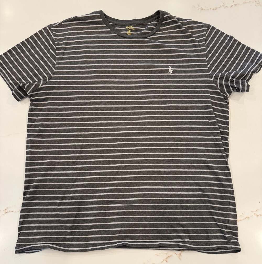 Polo Ralph Lauren Men's Gray and White Striped Crewneck T-Shirt